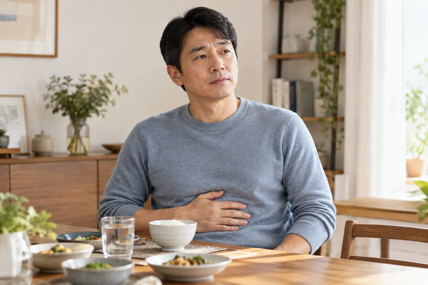 식사 후 상복부에 손을 얹고 앉아 있는 모습