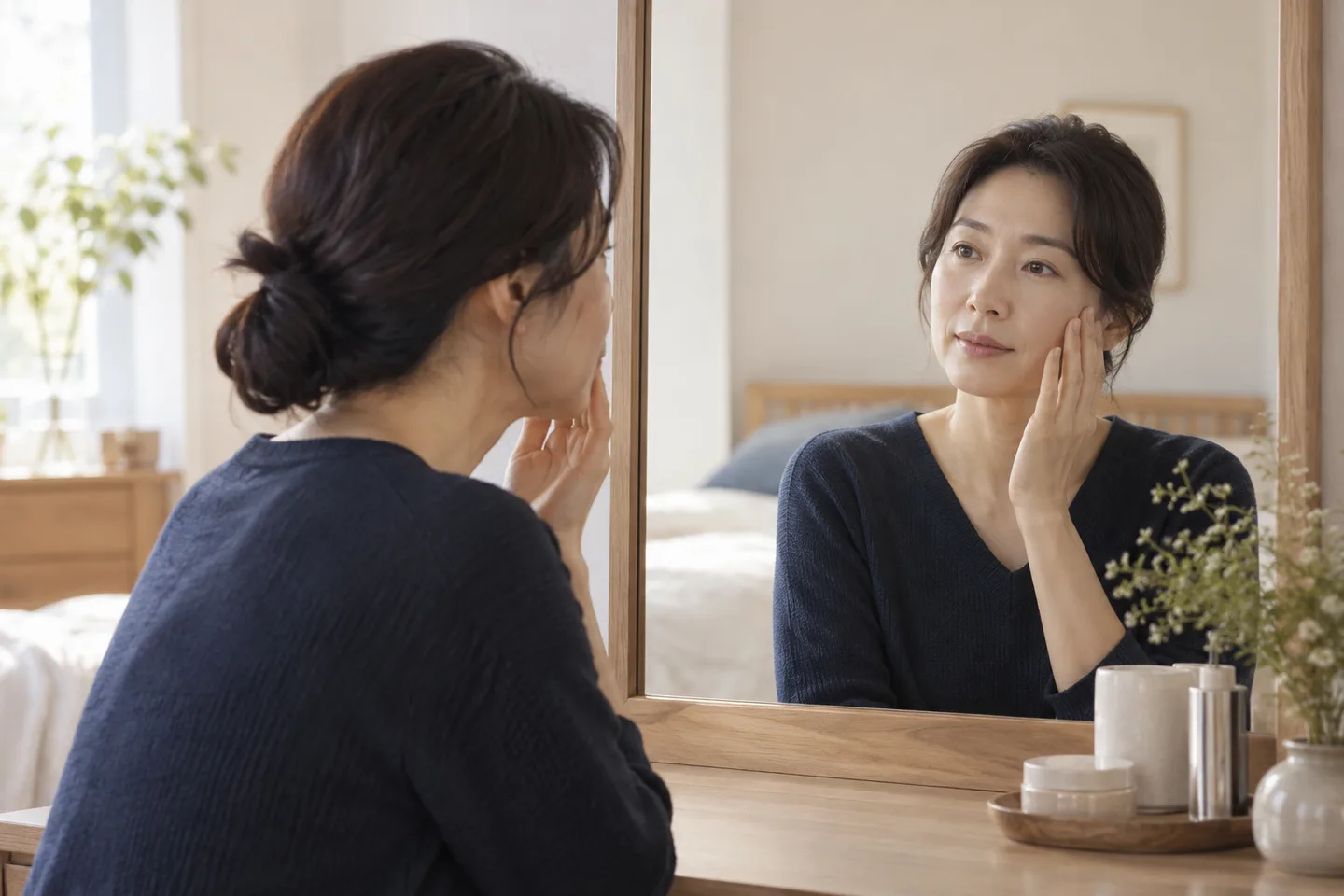 거울 앞에서 볼을 가볍게 짚으며 얼굴을 살피는 모습