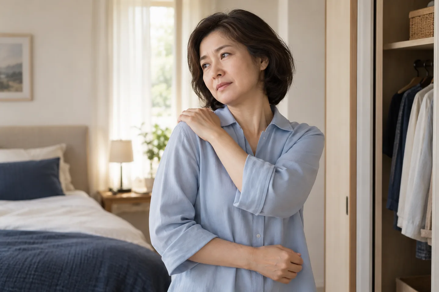 일상에서 반대편 손으로 어깨를 짚는 모습