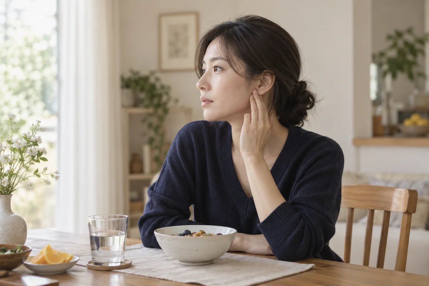 식사 중 턱관절 부근을 가볍게 짚는 모습