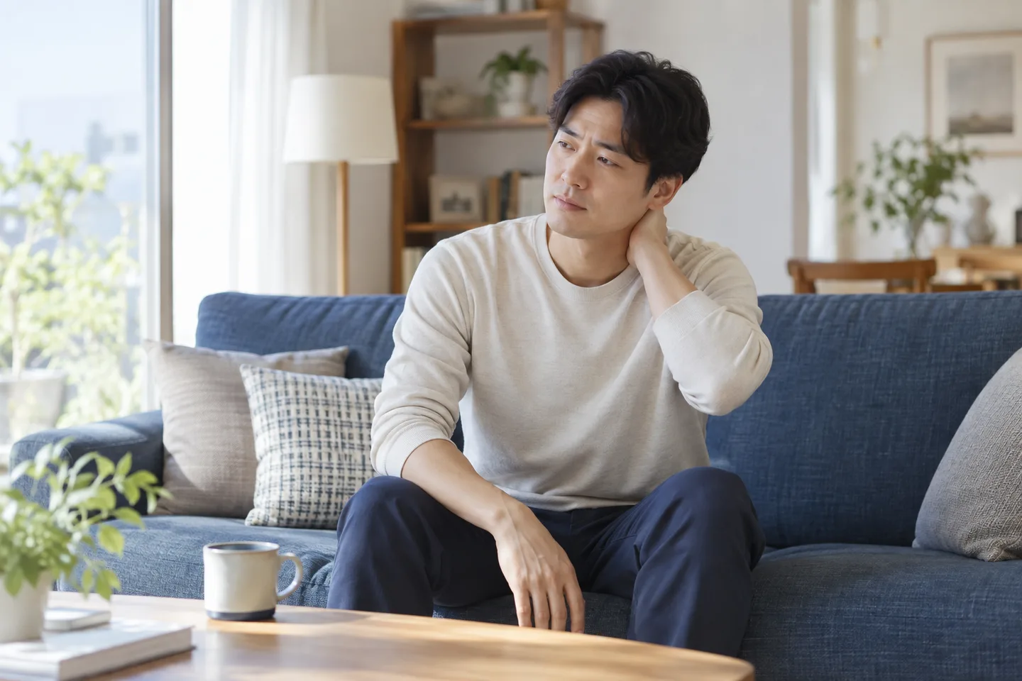 소파에 앉아 목 뒤를 짚으며 불편한 부위를 살피는 모습