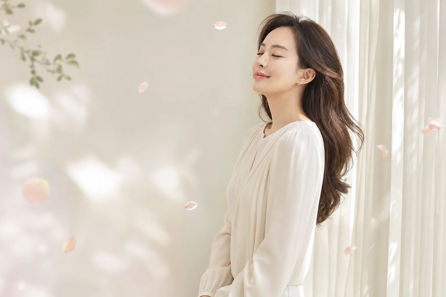 밝은 공간에서 눈을 감고 편안하게 미소 짓는 여성 모습